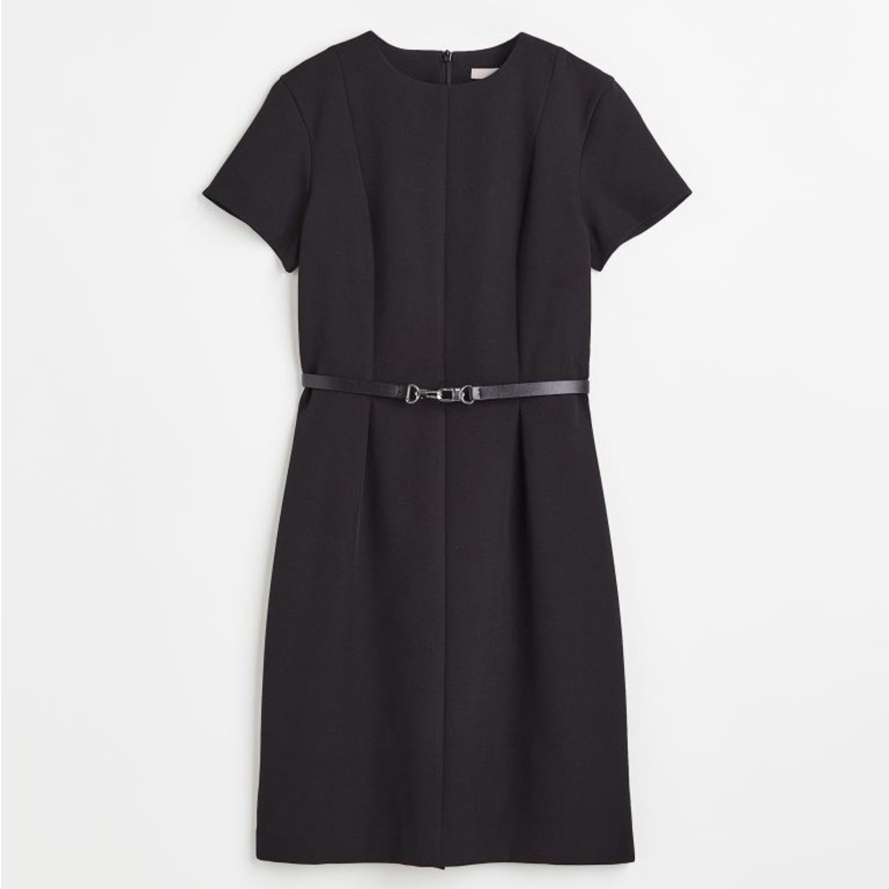 H&M Tailored-Look Belted Black Dress Size Small (S)— Short Sleeve, Round Neck
